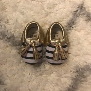 0-6 Months Gold Black & White Baby Moccasins